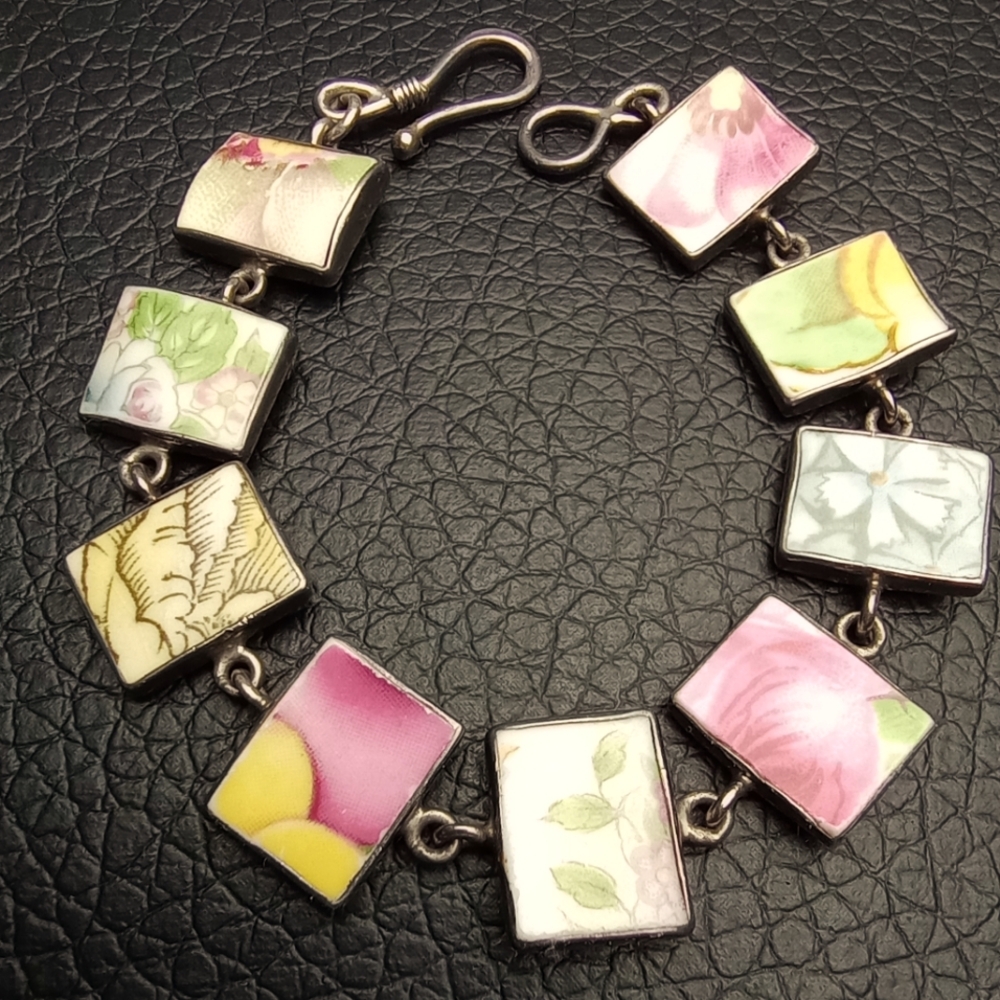 Jessica Lee 925 Antique Ceramic Tile Link Bracelet 7.5"